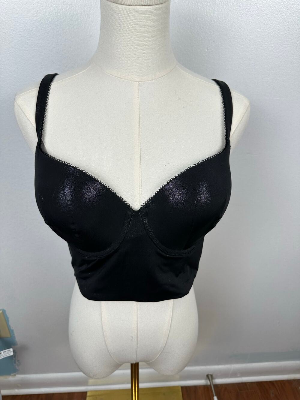 Y2K Vintage Black Shiny Satin Bustier Crop Top Corset Bra Cami 90s Club Party 38